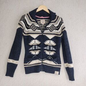 Triple Five Soul Cardigan Mens M Navy Cream Zip Front Patterned Sweater Cozy